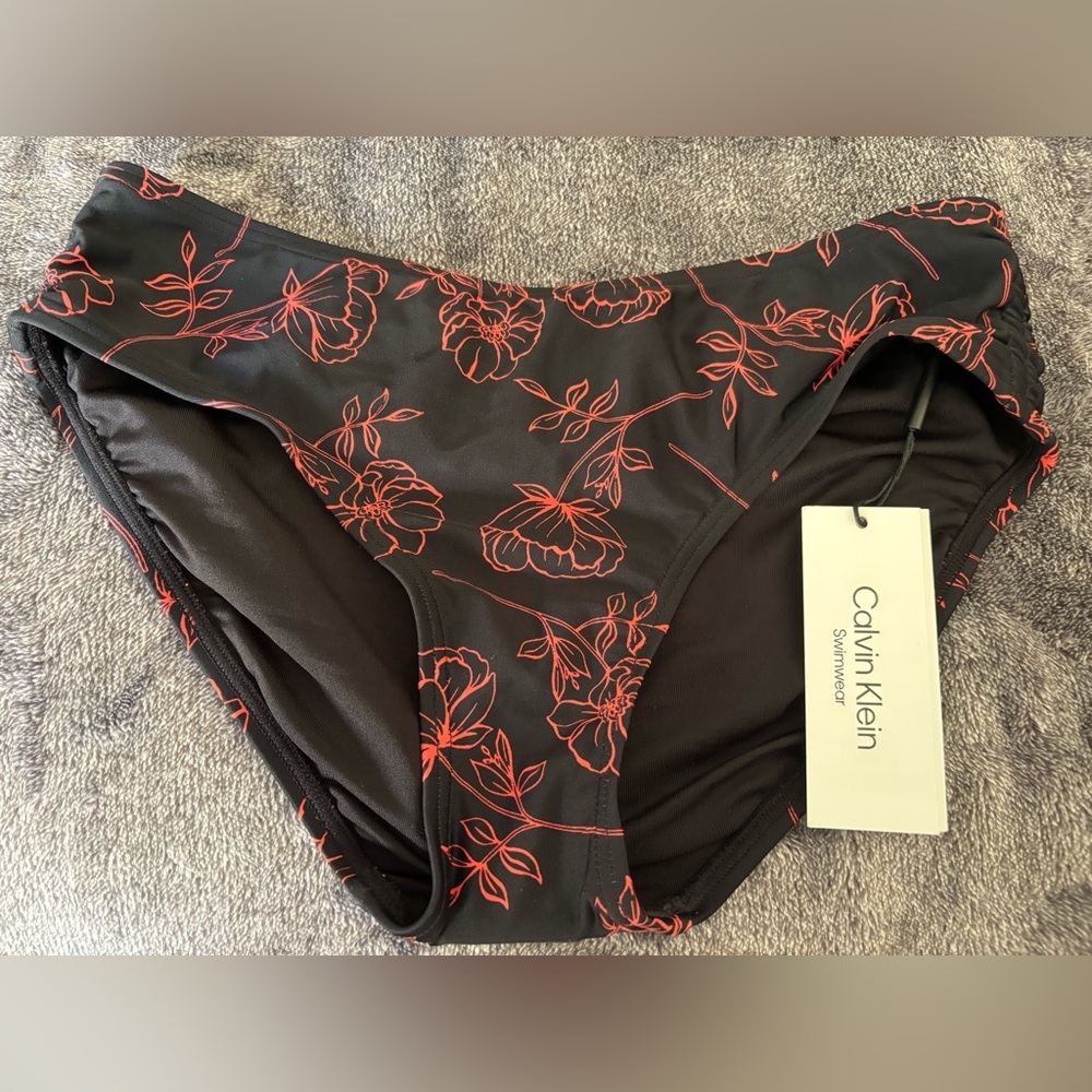 Calvin Klein Black Bikini Bottoms with Red Flowers in size Small
